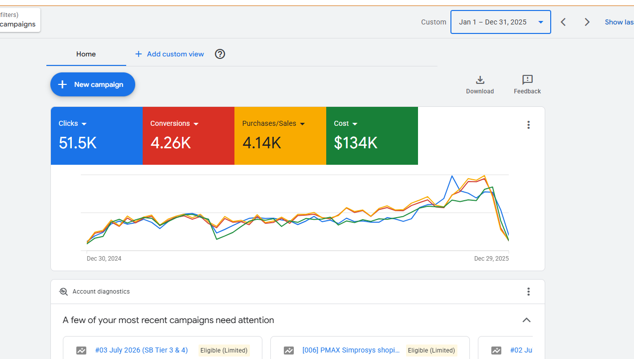 Google Ads overview for January 1 to December 31, 2025: 51.5K clicks, 4.26K conversions, 4.14K Purchases/Sales and $134K cost.
