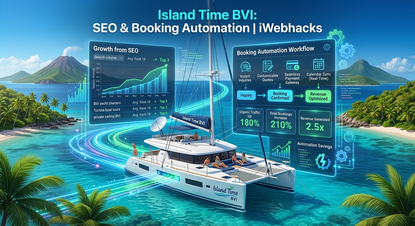 Concept illustration of a catamaran with SEO and booking-automation dashboards for Island Time BVI